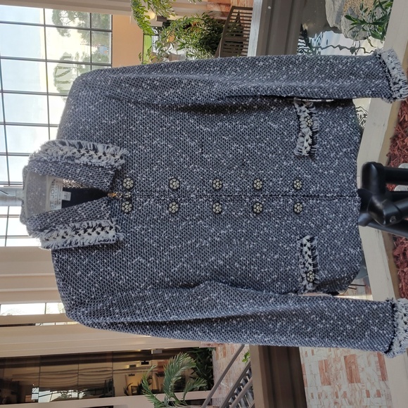 ST. JOHN COLLECTION SOFT TWEED BOUCLE ZIPPER BLAZER FRINGE TRIM WOMEN'S SIZE 8.